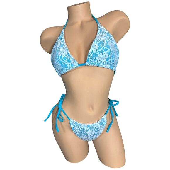 Boutique Women's Blue Bikini With Lace Overlay Large Set - Picture 6 of 14